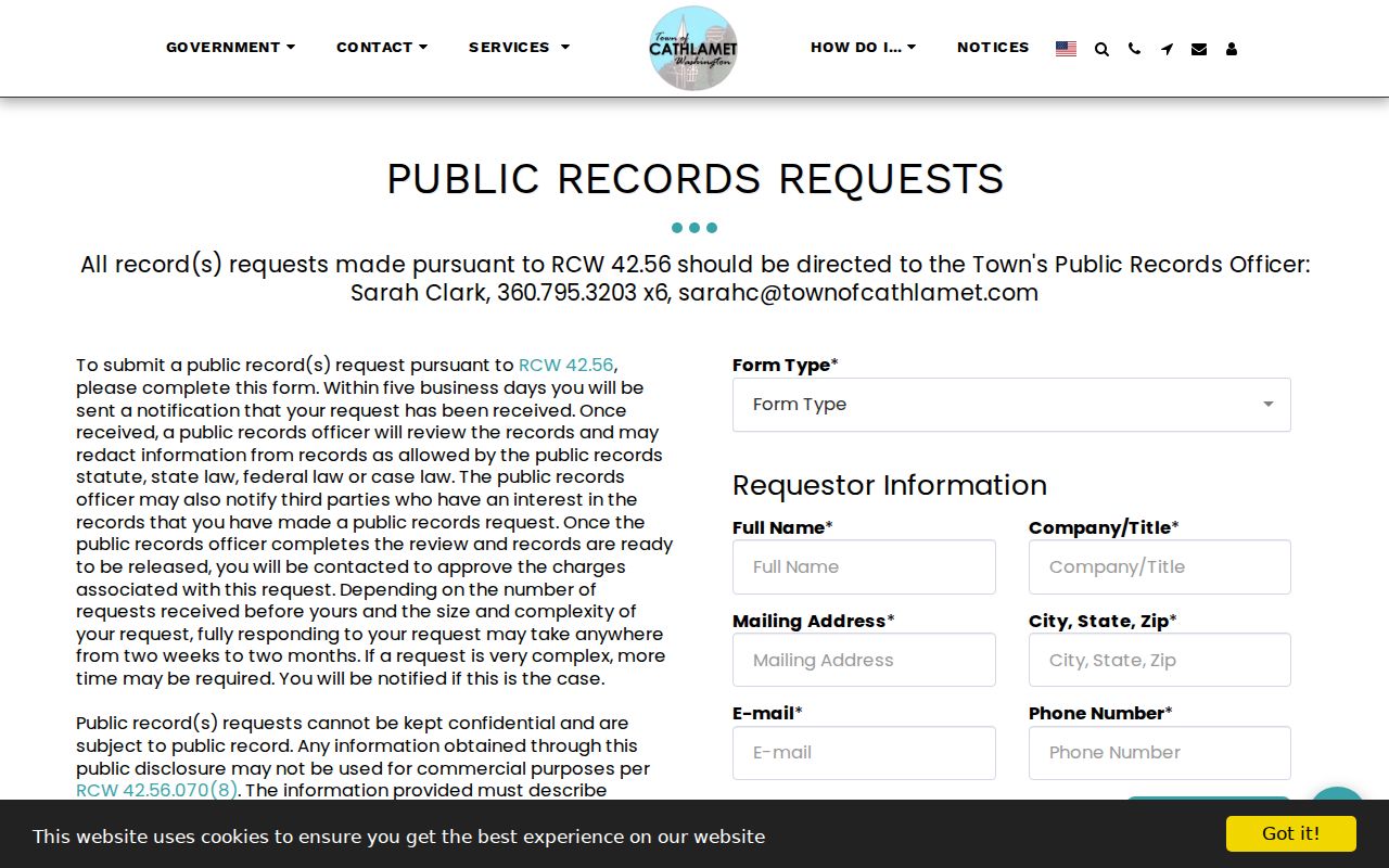 Cathlamet criminal records request form for Town administrative files