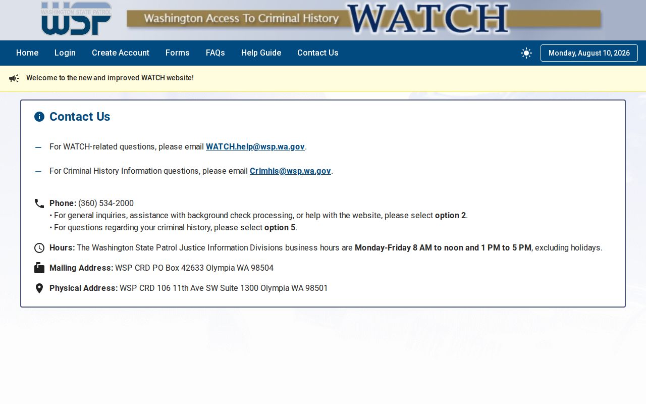 Wahkiakum County criminal history support contacts at Washington State Patrol